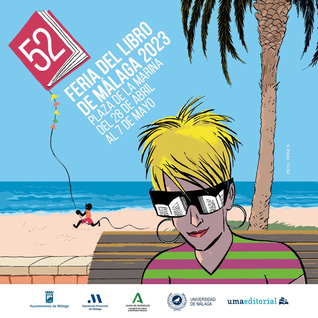 FLMalaga's tweet photo. ¡Ya estamos de vuelta! 📚 La 52 edición de la #FeriaLibroMálaga2023 calienta motores para su celebración, del 28 de abril al 7 de mayo en la Plaza de la Marina. Así de bonito es el cartel de este año, a cargo del ilustrador Pepo Pérez, que se ha presentado hoy en el Ayuntamiento https://t.co/BsiG6hDulX
