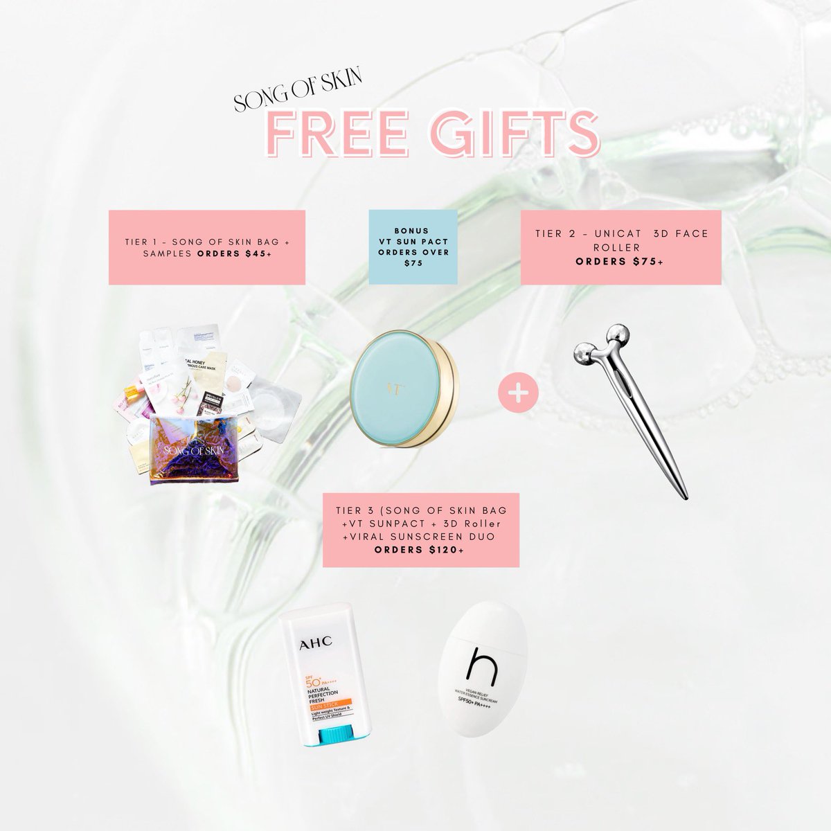 Song Of Skin gifts tiers! 🎁 We have a gift for every order songofskin.com Tier 1️⃣ Song Of Skin Exclusive Bag Tier 2️⃣Song Of Skin Exclusive Bag + UNICAT Face Roller + VT Sunpact Tier 3️⃣Song Of Skin Exclusive Bag + UNICAT Face Roller + VT Sunpact + Sunscreen Duo