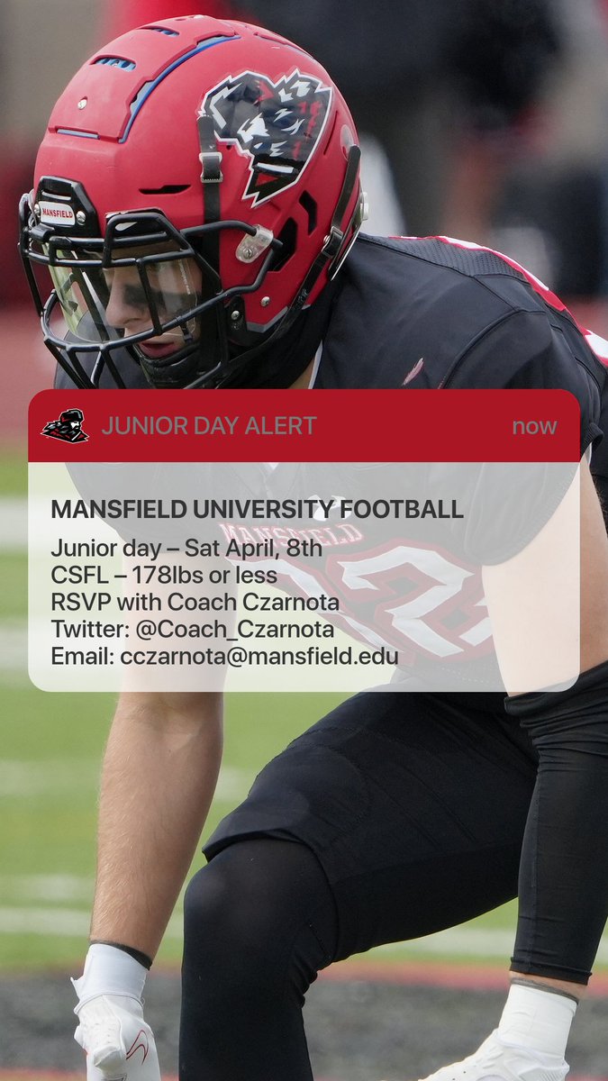 Mansfield University football will be hosting a junior day Saturday April, 8th. Mansfield University competes in the Collegiate Sprint Football League. All players weigh 178lbs or lower. Reach out to <a href="/Coach_Czarnota/">Chandler Czarnota</a> through DM or email if you're interested in attending!