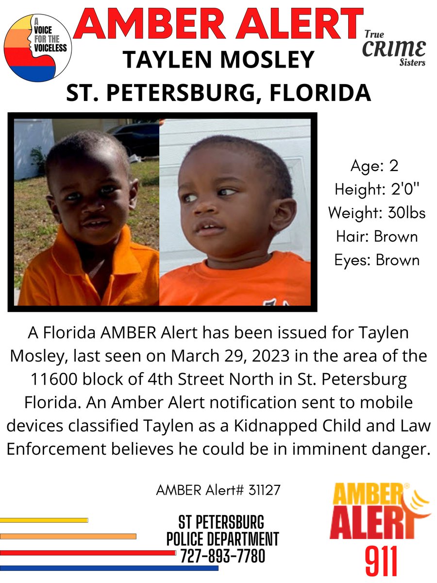 AwarenessTCS's tweet image. PLEASE‼️It only takes one second to share this #missingchild.
#AMBERAlert 31127

A Florida AMBER Alert has been issued for #TaylenMosley, last seen on March 29, 2023 in the area of the 11600 block of 4th Street North in #StPetersburg, #Florida.