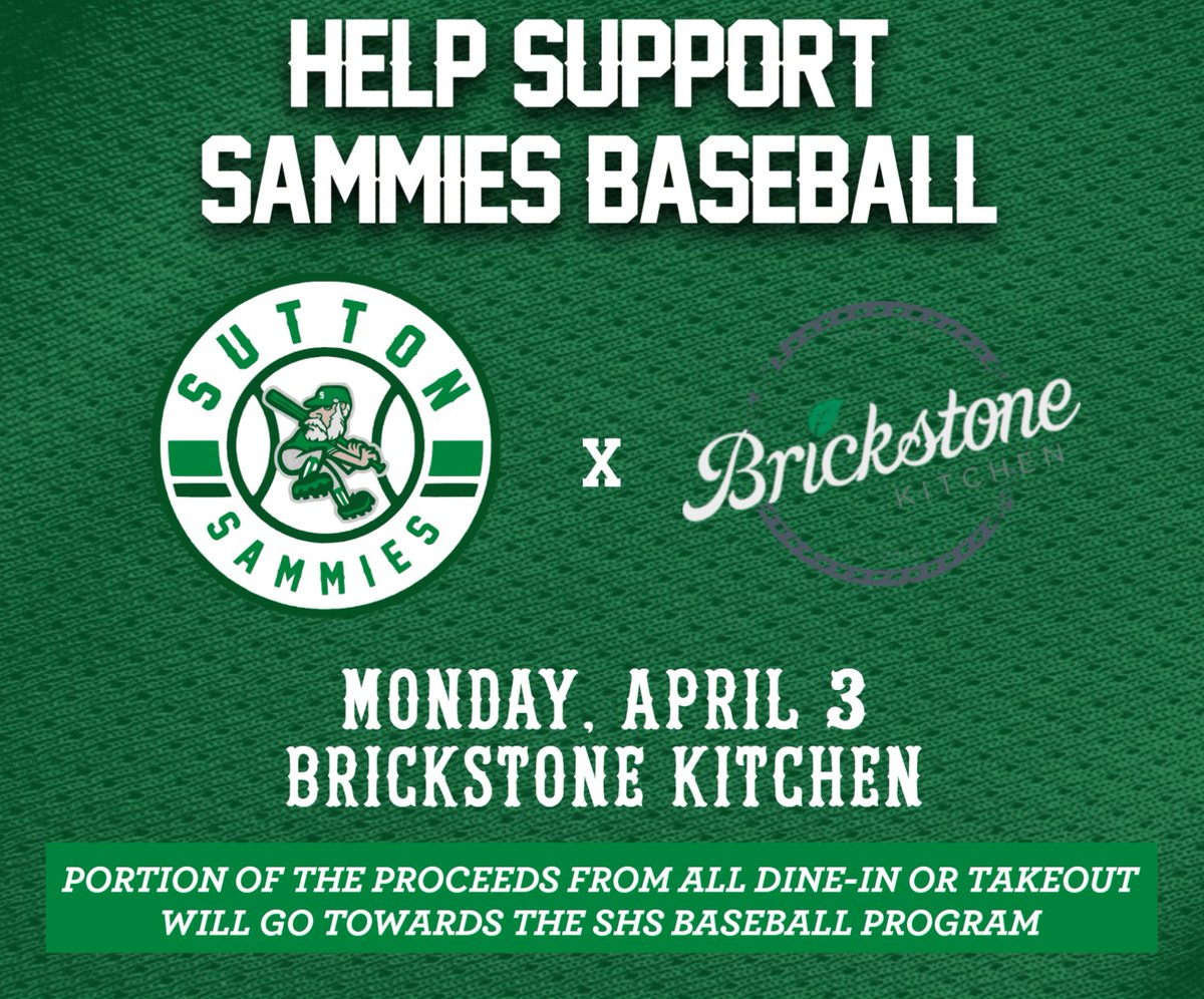 Join us for our upcoming fundraiser, Monday, April 3rd at Brickstone Kitchen from 11:30-8:00. We cannot thank Brickstone enough for their generosity with this event. We hope to see many of you there and thank you for your support of Sammiesball! 
@suttonathletics #BeTheFirst