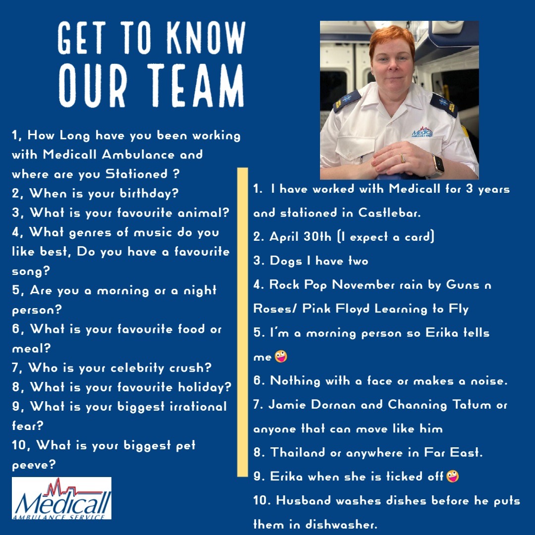 MedicallAmb's tweet image. #gettoknowourteam
Margaret is an EMT from our Castlebar Crew.
Check out his Q&amp;amp;A.

#ourteam #staff #medicallambulance #gettingtoknowus #medicalstaff #medicallstaff #ems #emt #paramedic #ambulancelife #rock #pop #meetourteam #castlebar #Dogs #happyfriyay #happyfriday #music #fyp