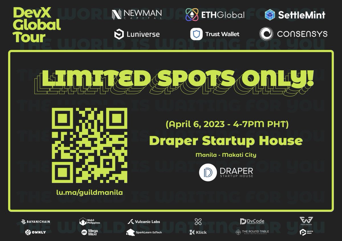 Polygon is heading on a GLOBAL TOUR 🌏 to find you, Developer X

As Polygon's #DevXGlobalTour  will be the global stage to showcase your building skills 🛠️ at @dshmanila this upcoming: 

🗓️ April 6, 2023 (4-7pm) 🇵🇭

LIMITED SPOTS ONLY:
lu.ma/guildmanila