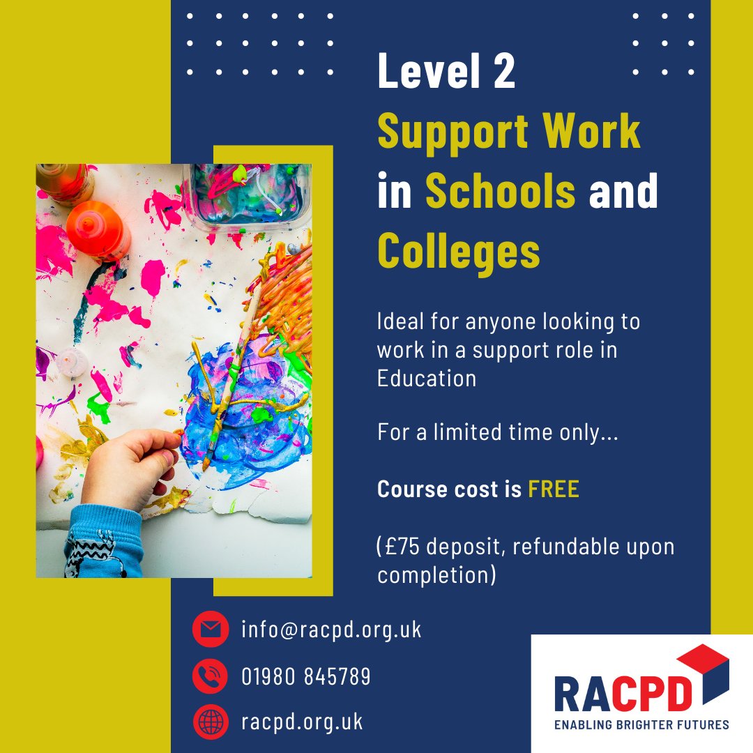 RACPD (@racpd) on Twitter photo ⚡ SPECIAL OFFER ⚡ For a limited time only, we are offering the Level 2 Support Work in Schools and Colleges course for FREE (£75 deposit refundable upon completion). Contact us at info@racpd.org.uk to apply. #Teaching #Education #Support ⚡ SPECIAL OFFER ⚡ For a limited time only, we are offering the Level 2 Support Work in Schools and Colleges course for FREE (£75 deposit refundable upon completion). Contact us at info@racpd.org.uk to apply. #Teaching #Education #Support