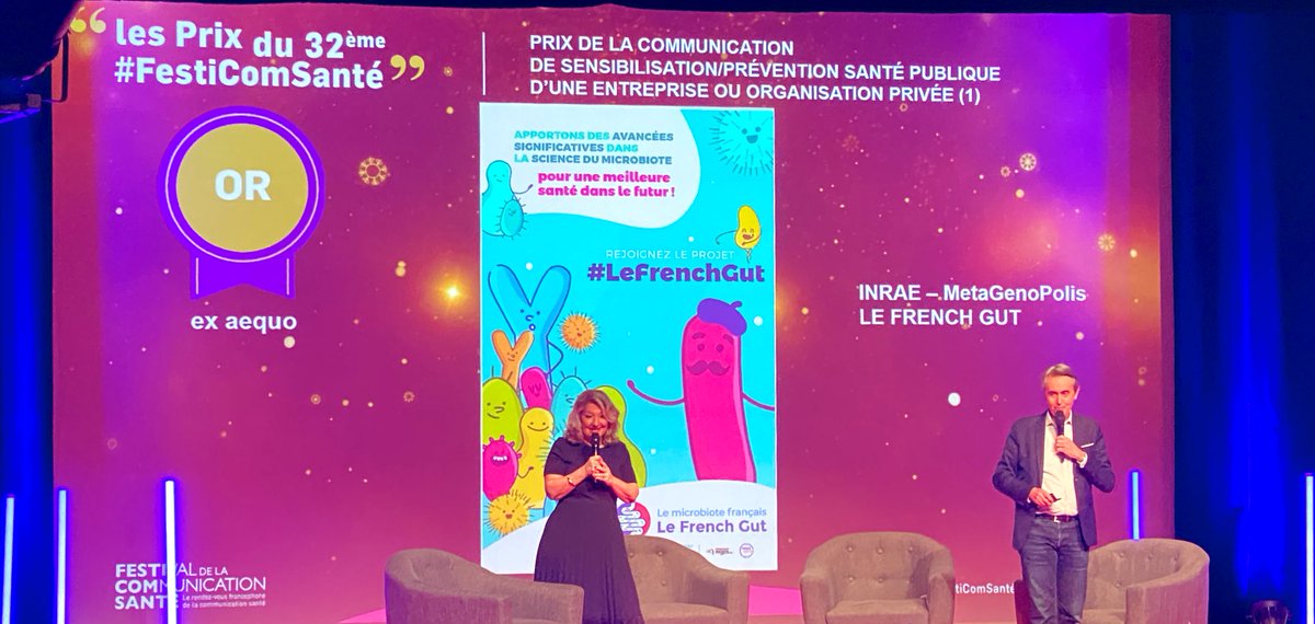 #Festicomsanté

🏆 Prix Catégorie communication de sensibilisation/prévention santé publique d’une entreprise ou organisation privée 1
Prix Or 🥇 pour <a href="/INRAE_France/">INRAE</a> – <a href="/MgpsLab/">MetaGenoPolis</a> &amp; <a href="/lefrenchgut/">Le French Gut - Le microbiote français</a>