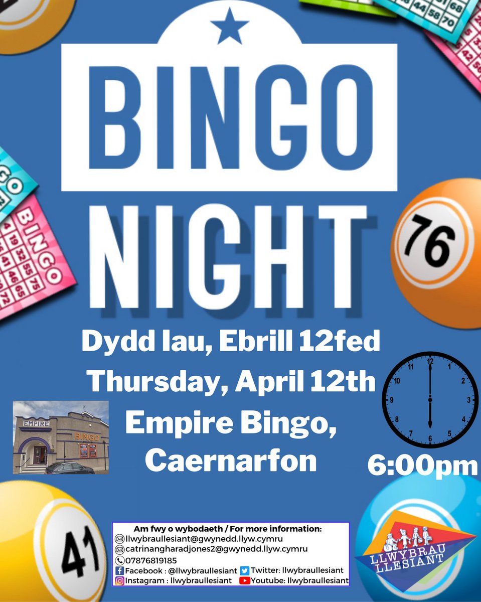Noson Bingo yn Empire Bingo, Caernarfon! 🎰
📅 Ebrill 12, 6:00yh

Bingo night at Empire Bingo, Caernarfon! 🎰
📅 April 12, 6:00 p.m
📞 For more information, contact Catrin, or email us -
llwybraullesiant@gwynedd.llyw.cymru
07876819185