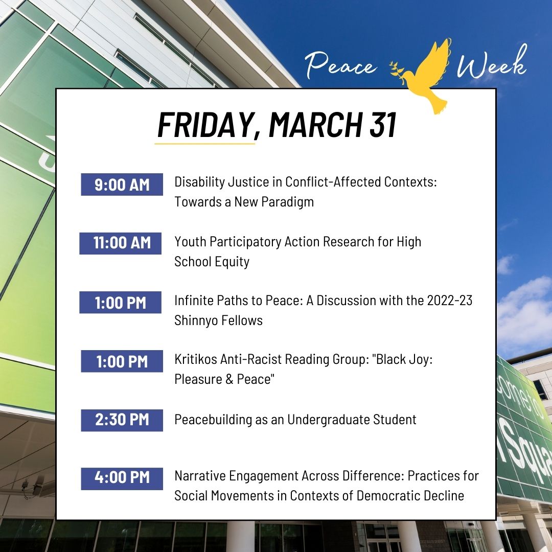 GMUCarterSchool's tweet photo. Are you guys excited about Peace Week?! Today, starting at 9:00 am will begin our peace week events.
Register now to participate and contribute to building a more peaceful world - https://t.co/hxER0H3Qte
#PeaceWeek2023 #PeaceBuilding #CommunityEngagement https://t.co/4l6k7TmNsF