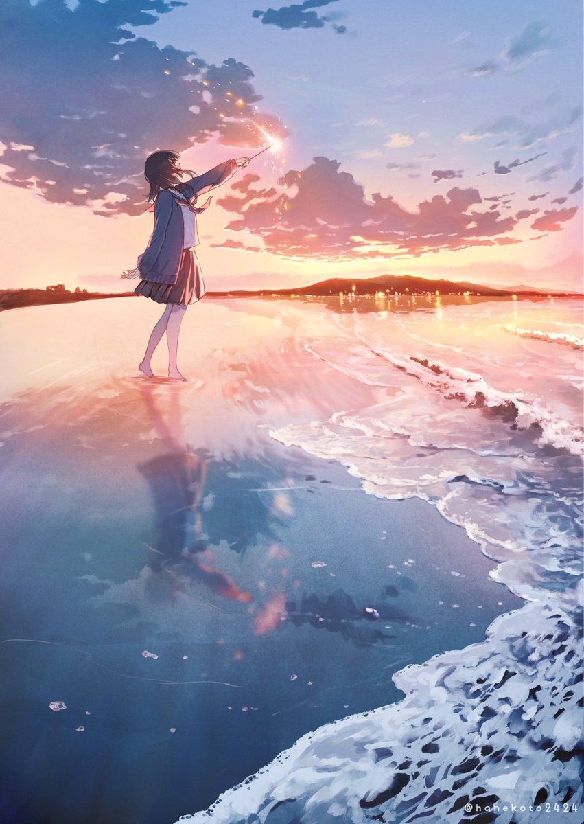 1girl skirt solo outdoors sky barefoot scenery  illustration images
