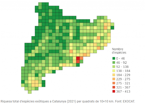 CREAF_ecologia's tweet photo. Sabeu quines zones de #Catalunya concentren més espècies exòtiques? Doncs aquí va el mapa UTM de l'EXOCAT @accioclimatica 👀👇 https://t.co/J41WCbbFOp