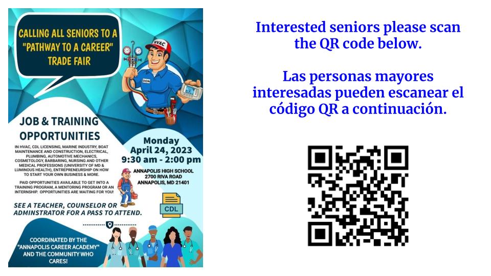 Calling <a href="/AnnapHS_AACPS/">Annapolis High School</a> seniors - Haven't finalized your plans for after graduation yet?  Check out this Career/Hiring Fair!  Use the QR code to register to find a job!  PAID opportunities available!  #SignatureAlive #CollegeANDCareerReady <a href="/AHighCounseling/">AHS Counseling Dept</a> <a href="/AHighPTSA/">Annapolis HS PTSA</a>
