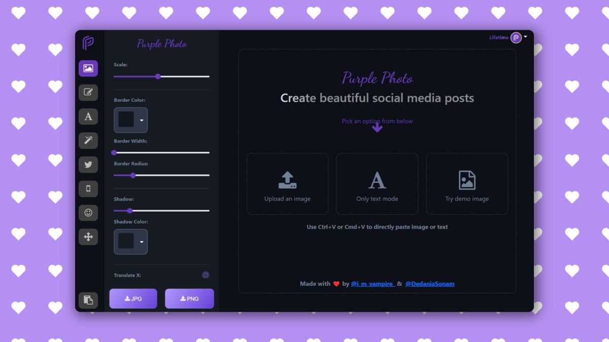 Redesign starting point of <a href="/ThePurplePhoto/">Purple Photo - Create beautiful social media posts</a> with quick 3 options.

Used rainbow color instead of Purple for hover effect, as some user's feedback was there's too much of Purple🟣.

What's your thought?
#buildinpublic