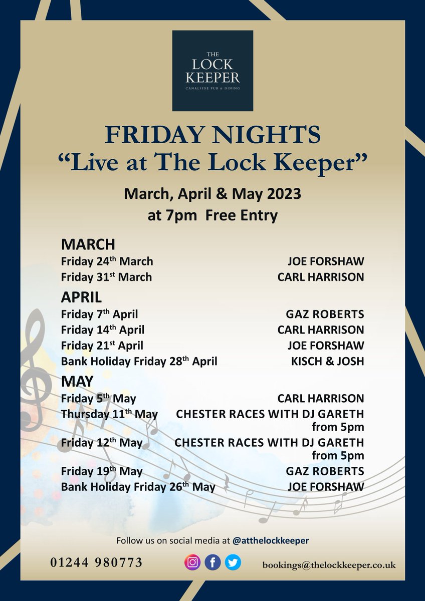 🐠Friday! Fish, Chips & Mushy peas for £10, 2 for £12 🍸The EPIC Carl Harrison LIVE from 7pm. Something for everyone! Want to book a table? ☎️01244 980773 or book online thelockkeeper.co.uk/contact/#booki… @ShitChester @TCFoodFestival @SkintChester @uocshoutout @uochester @BeersInChester