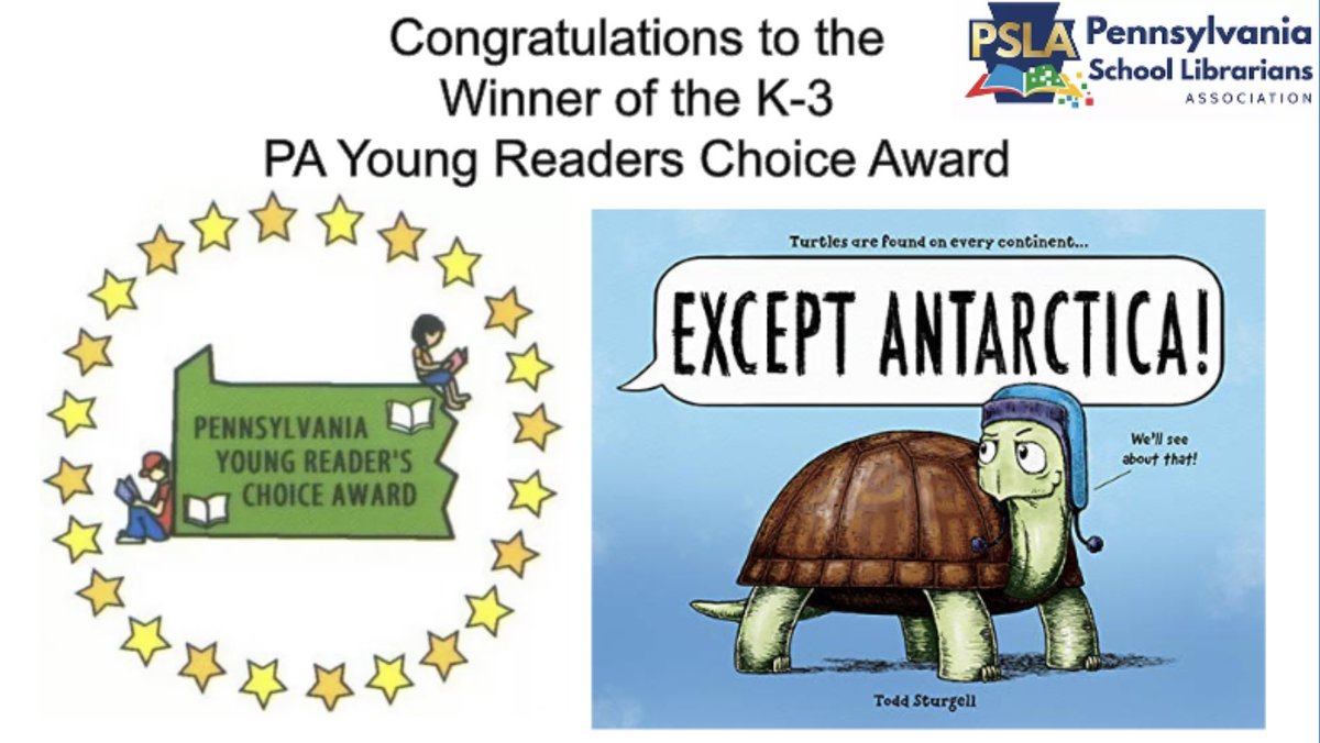 Congratulations to “Except Antarctica” by Todd Sturgell (@sturgelldraws), published by Sourcebooks (<a href="/Sourcebooks/">Sourcebooks</a>)  for winning the PA Young Readers Choice Award (@PA_YRCA) for K-3
#PSLA