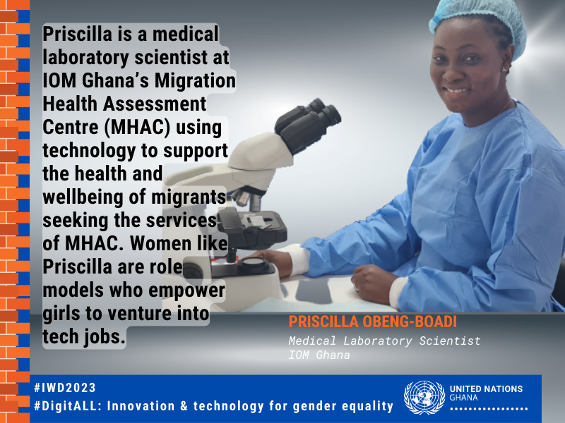 IOMGhana's tweet image. This #IWD2023, IOM joined its sister UN agencies @UNinGhana in highlighting women who are contributing to bridging the gender divide in the technology sector.
Meet Priscilla, a medical laboratory scientist at IOM Ghana’s Migration Health Assessment Centre!
#RoadtoEquality #IWD23