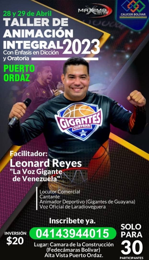 Taller de Animación Integral, con enfasis en Dicción y Oratoria 2023... 28 y 29 de Abril. Inscríbete ya. 

#PuertoOrdaz

Auspiciado por CALICOR BOLIVAR