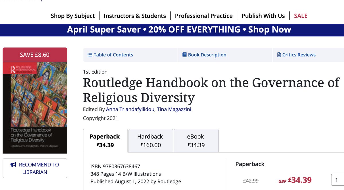 Our Routledge Handbook on the Governance of Religious Diversity is currently available from the publisher at a 20 % discount. 
Enjoy! 👉  routledge.com/Routledge-Hand…