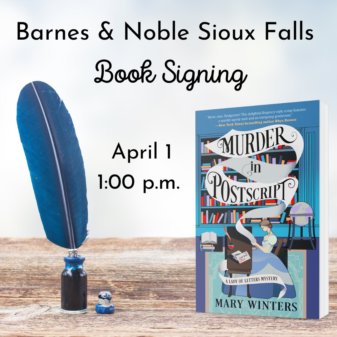 marypensmystery's tweet photo. I'll be celebrating the launch of #MurderinPostscript at @BNSiouxFalls tomorrow. If you're in the area, stop by and say hello! 
#HistoricalFiction #cozymystery  #BookTwitter https://t.co/s4tBvSVe0W