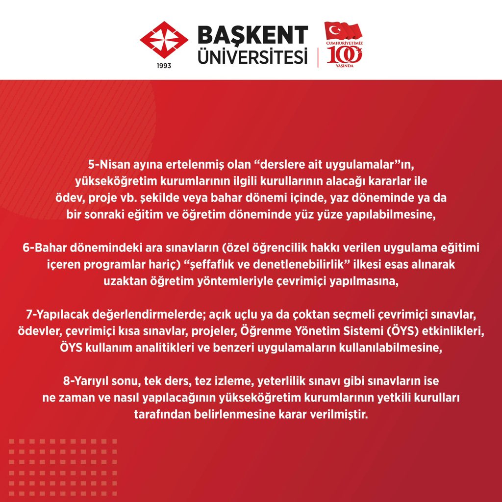 baskentunv's tweet photo. Yükseköğretim Kurulu Başkanı Erol Özvar’ın, Üniversitelerde 2022-2023 Eğitim ve Öğretim Yılı Bahar Dönemine İlişkin Alınan Yeni Kararlarla İlgili Açıklaması Hakkında Duyuru #başkentüniversitesi #duyuru #eğitim #yüzyüzeeğitim https://t.co/3Jl1yoKwdX