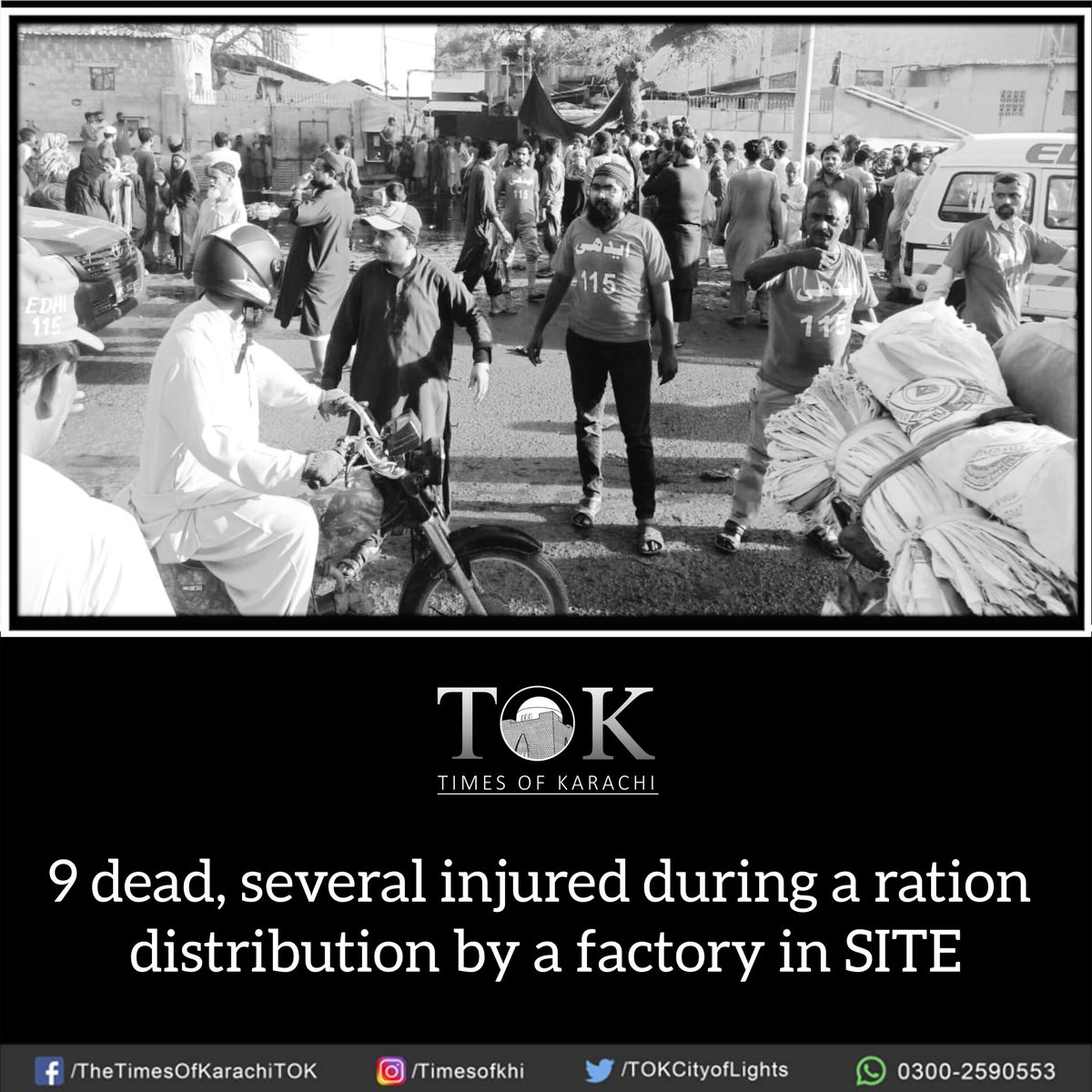 TOKCityOfLights's tweet photo. BREAKING | 9 dead, several injured during a ration distribution by a factory in Karachi's SITE area, Rescue sources confirmed.
#Karachi #SiteArea #TOKAlert https://t.co/HyZ4a3LtUu