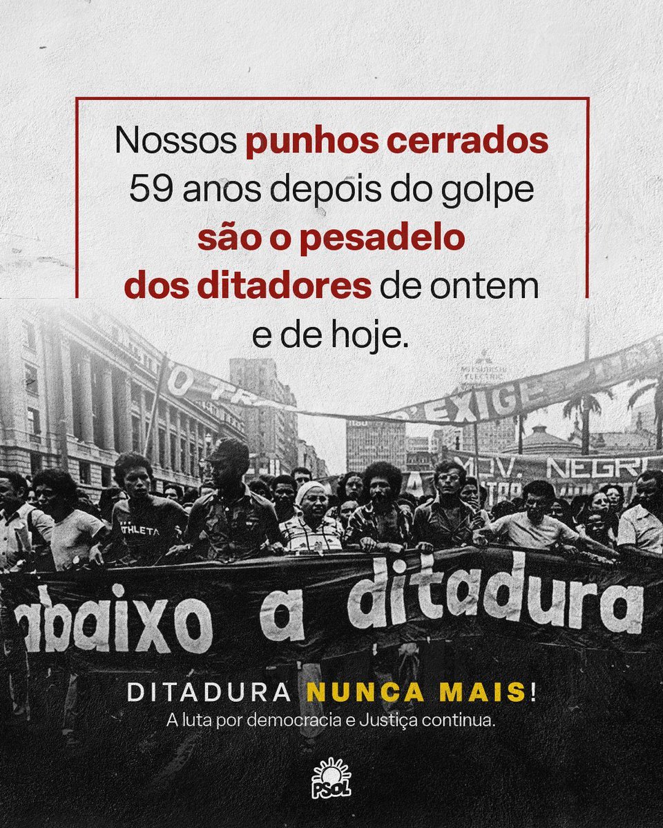Tortura não se celebra. Golpe se repudia. Nossos punhos seguirão cerrados e dizemos em alto e bom som: DEMOCRACIA SEMPRE! DITADURA NUNCA MAIS!

Via <a href="/psol50/">PSOL 50</a>