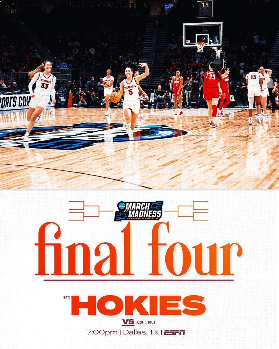 HokiesWBB's tweet photo. 𝗧𝗶𝗽𝗽𝗶𝗻𝗴 𝗼𝗳𝗳 𝗶𝗻 𝗗𝗮𝗹𝗹𝗮𝘀

🏆 Final Four
🆚 LSU
🕘 7:00 PM ET
📺 ESPN https://t.co/NX326P8vJE