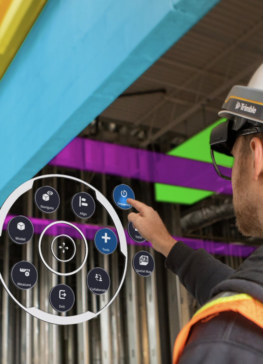 TrimbleBuilding's tweet photo. The #TrimbleXR10 with HoloLens 2 delivers increased productivity and reduced disruption to the jobsite, allowing field teams to make more informed decisions. Learn how this construction tech can support your next project: https://t.co/uEnofg8RtT https://t.co/t9Q90KMwPL