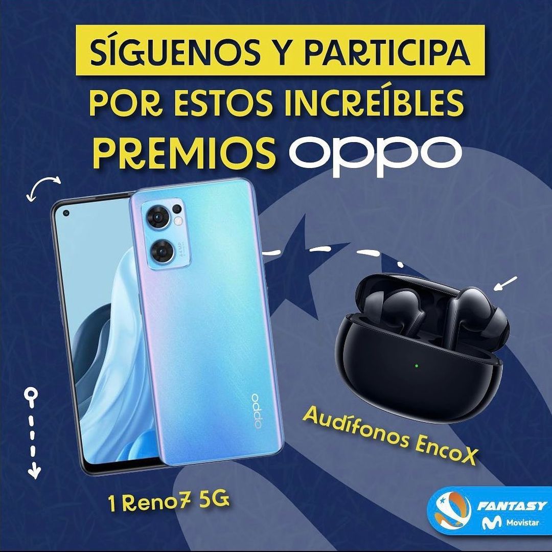 FantasyMovistar's tweet photo. ¡Participa de este sorteo y gana estos increíbles premios Oppo!📱Reno7 5G 🎧Audífonos EncoX
¿Cómo hacerlo? ✅Tienes que seguir las cuentas de Instagram de @FantasyMovistar y @OPPOChile. 
El sorteo ser�� el lunes 10 de abril de 2023 a través de nuestras historias en IG. https://t.co/9bODQP2myq