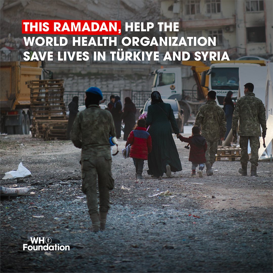 . <a href="/WHO/">World Health Organization (WHO)</a> is on the ground in Türkiye and the  
Syrian Arab Republic, providing urgent medical 
aid to thousands of injured and displaced people, 
but they need your help. 

🙏 This Holy Month, please donate to support WHO's mission in Türkiye &amp; Syria.

…eresponse-turkiyesyria.who.foundation