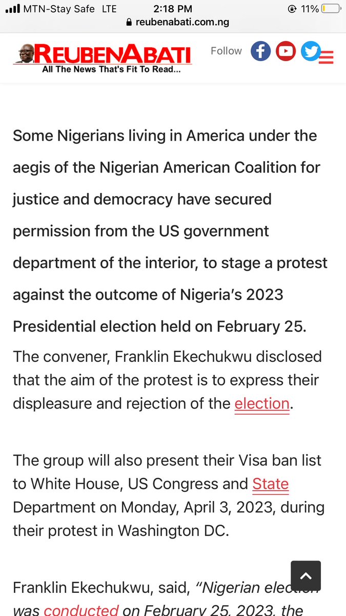 kennye17's tweet photo. @abati1990 This is what the tweet is about. American granted permission to Nigerians who stay in America to protest against Nigeria election in America. Let us learn to read before dropping comments. Everyone knows our election was nothing but a sham shaaa. https://t.co/OLfytf12rN