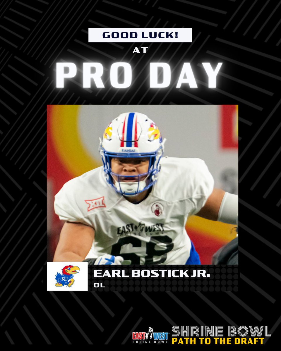 Good luck to Shrine Bowl alum Earl Bostick Jr. (<a href="/EBJ_1K/">Earl Bostick Jr</a>) today at <a href="/KU_Football/">Kansas Football</a> Pro Day. #RockChalk

#ShrineBowl #PathToTheDraft