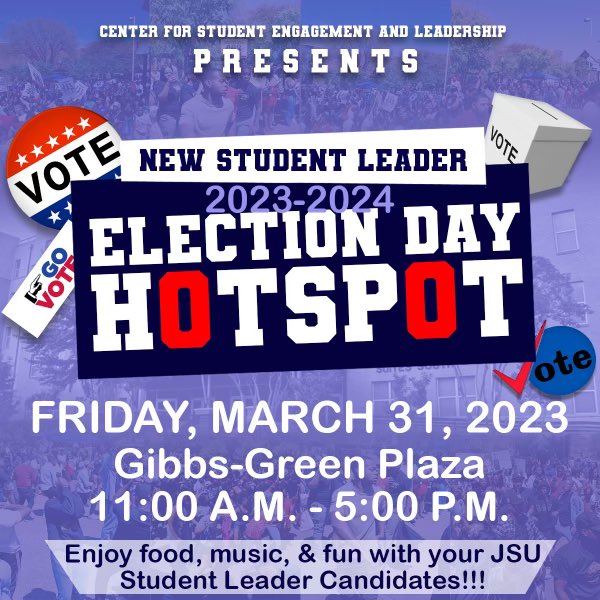 JSUSGA's tweet image. Election Szn concludes TODAY with the Election Day HotSpot where your newly elected student leaders will be announced. Come out &amp;amp; Support🥳 #JSU