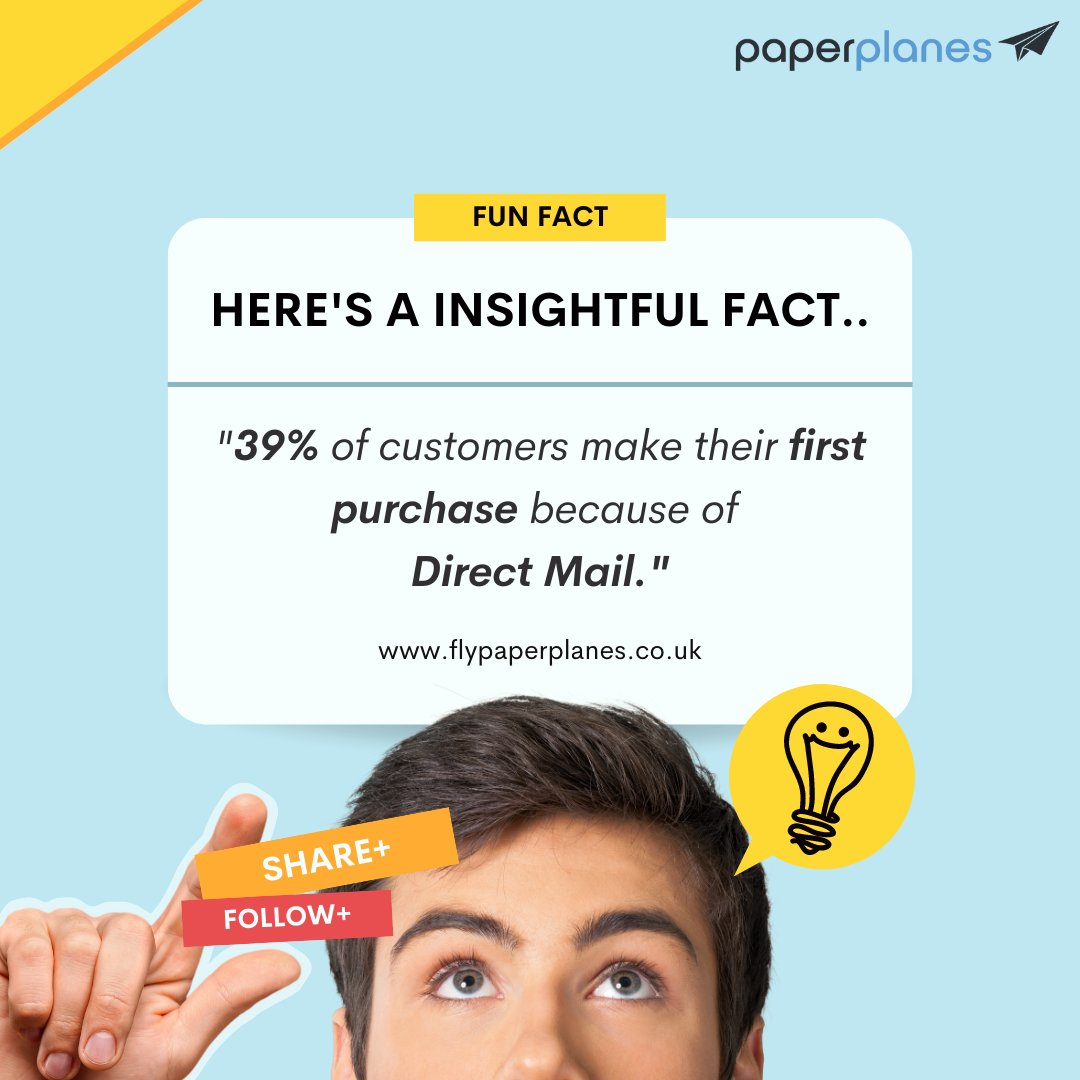 Fly_Paperplanes's tweet image. Did you know that 39% of customers make their 1st purchase because of Direct Mail?

Direct mail can drive higher conversion rates.

At Paperplanes, we create personalised campaigns that drive results.

Learn more at flypaperplanes.co.uk

#Paperplanes #ProgrammaticDirectMail