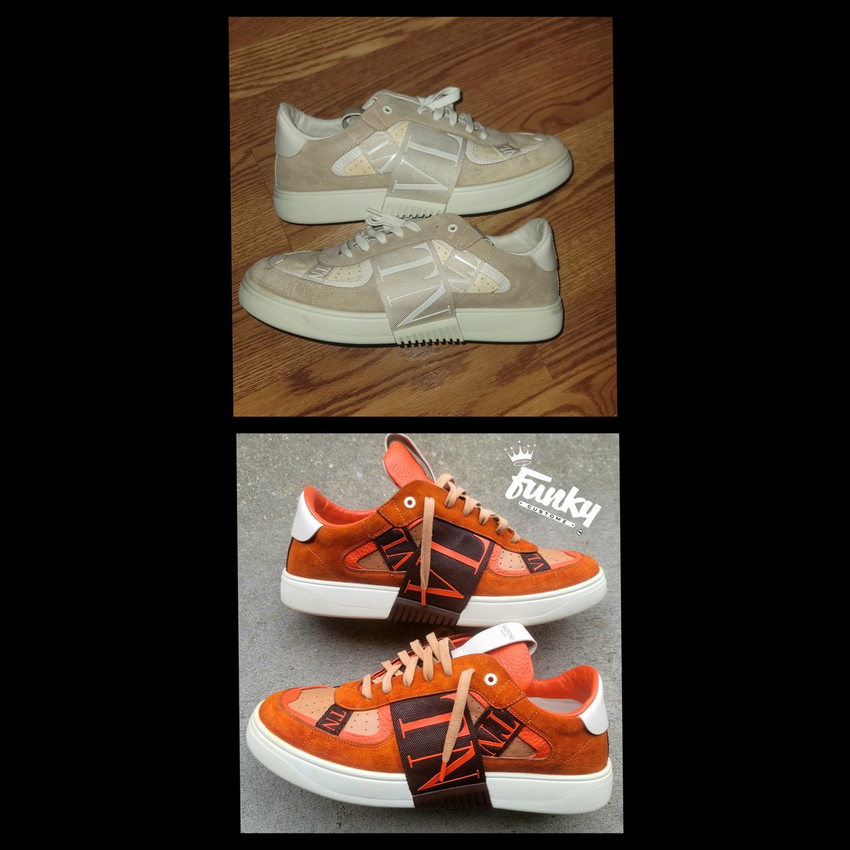 FUNKY1byNature's tweet image. Oh yea... Im still active 🤙🏾... Valentino VL7N Lowtop in a @reeses Pieces colorway... IG: Funky_Customz  #ReesesPieces #Reeses #Valentino #VL7N #FunkyFridays #FunkyCustomz