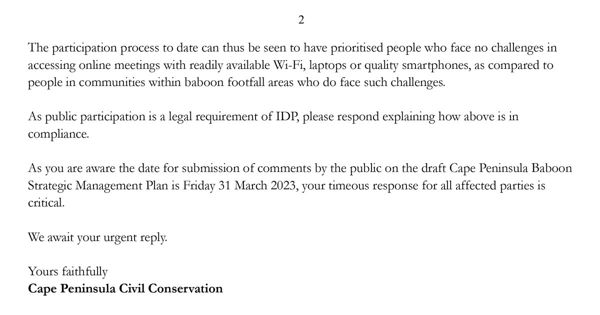 cpcc_za's tweet photo. So then a 4th letter was sent to Mayor of Cape Town @geordinhl 28th March 2023, as no answers yet received. 
Do our authorities hold themselves above answers?
CPCC Cape Peninsula Civil Conservation
@cpcc_za wants answers!
#MinutesOfMeeting
#PublicEngagement
#BaboonRangers https://t.co/nHEXNsx7ie