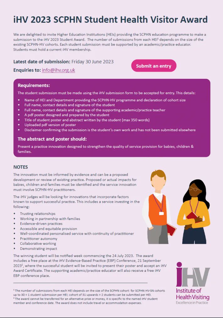 iHV is delighted to be working collaboratively with @SAPHNAteam to recognise the most talented and future leaders in #HealthVisiting and #SchoolNursing. Winners will be announced at iHV EBP conf in Sept. Applications are open today bit.ly/3G1gLWf