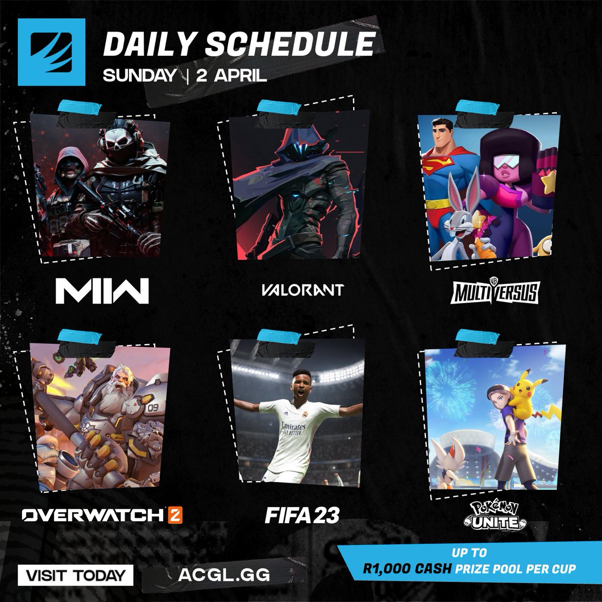 AfricanGaming's tweet photo. 6οΈβ£ online cups await on Sunday, each with up to R1,000 cash up for grabs.
π Register to compete for free in #ModernWarfare2 #Valorant #Multiversus #Overwatch2 #FIFA23 + #PokemonUnite: https://t.co/2wjHldsWLj
#CODZA #ValorantZA #OverwatchZA #FIFAza #esportsZA #AfricanEsports https://t.co/4FEmgXiUMp