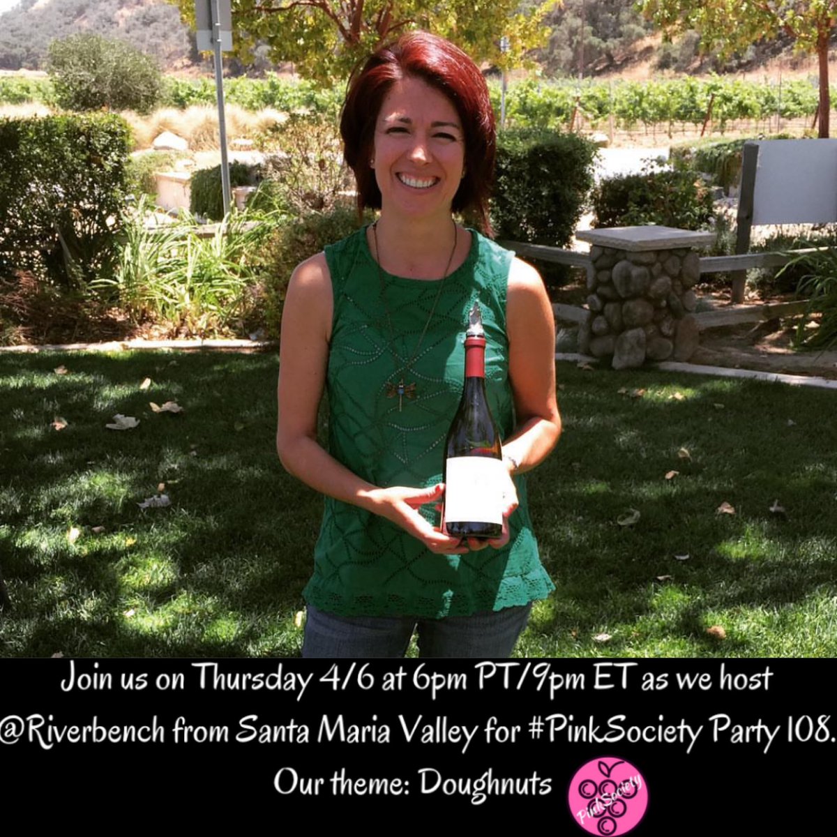Join us on Thursday 4/6 at 6pm PT/9pm ET as we host <a href="/Riverbench/">Riverbench Vineyard & Winery</a> from Santa Maria Valley for #PinkSociety Party 108. Our theme: Doughnuts. Bring your favorite wine &amp; doughnut pairing. <a href="/boozychef/">boozychef</a> <a href="/jflorez/">Joe Florez</a> <a href="/Kerryloves2trvl/">Kerry</a> <a href="/WineOnTheDime/">Wine on the Dime</a> <a href="/amy_oosterhouse/">Amy Oosterhouse</a> <a href="/winedivaa/">Martha aka WineDivaa</a> <a href="/IlliniMJ/">Mary Jane Wallace 🇺🇦🌻</a>