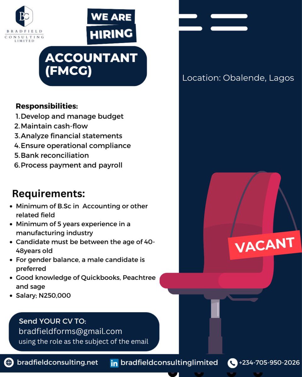 B_FConsulting's tweet photo. We are hiring!

Accountant (FMCG)

Please check our flyer for more details.

Send your Cv to Bradfieldforms@gmail.com using the job role as the subject of the email.
——-

Ifeanyi | Congratulations 001 | Where is Tinubu | SABI GIRL IS HERE | Logos Olori https://t.co/BctaTN6pcE