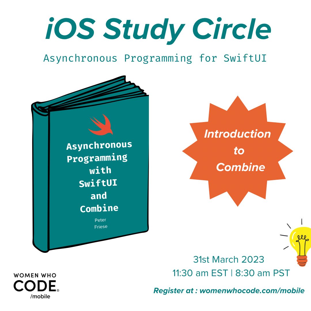 WWCodeMobile's tweet photo. 🍎 Our study circle is gonna have it's first session on Combine! Starts in a couple of hours!
You can still sign up and learn with us - https://t.co/JOZm6lufVU
#iOSDev #CombineFramework #SwiftLang https://t.co/BK40Dovj6C