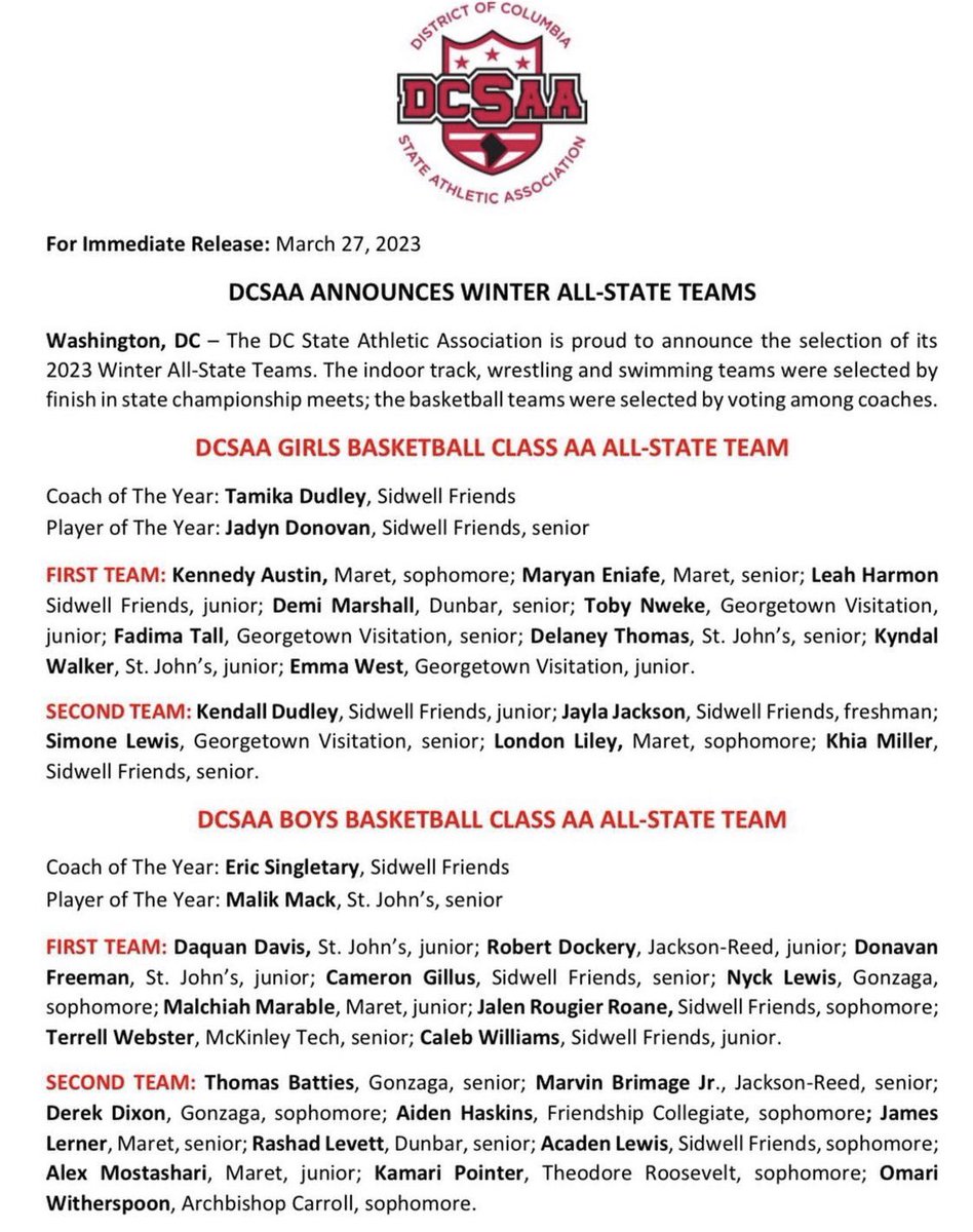 MaretBHoops's tweet photo. Congratulations to our players that made the 2023 DCSAA Class AA All-State Team‼️ 

First Team: 
2024 Malchiah Marable 
@malchiiah 

Second Team:
2023 James Lerner 
@jameslerner2 

Second Team:
2024 Alex Mostashari @amostashari3 https://t.co/MOOLmW26Yb