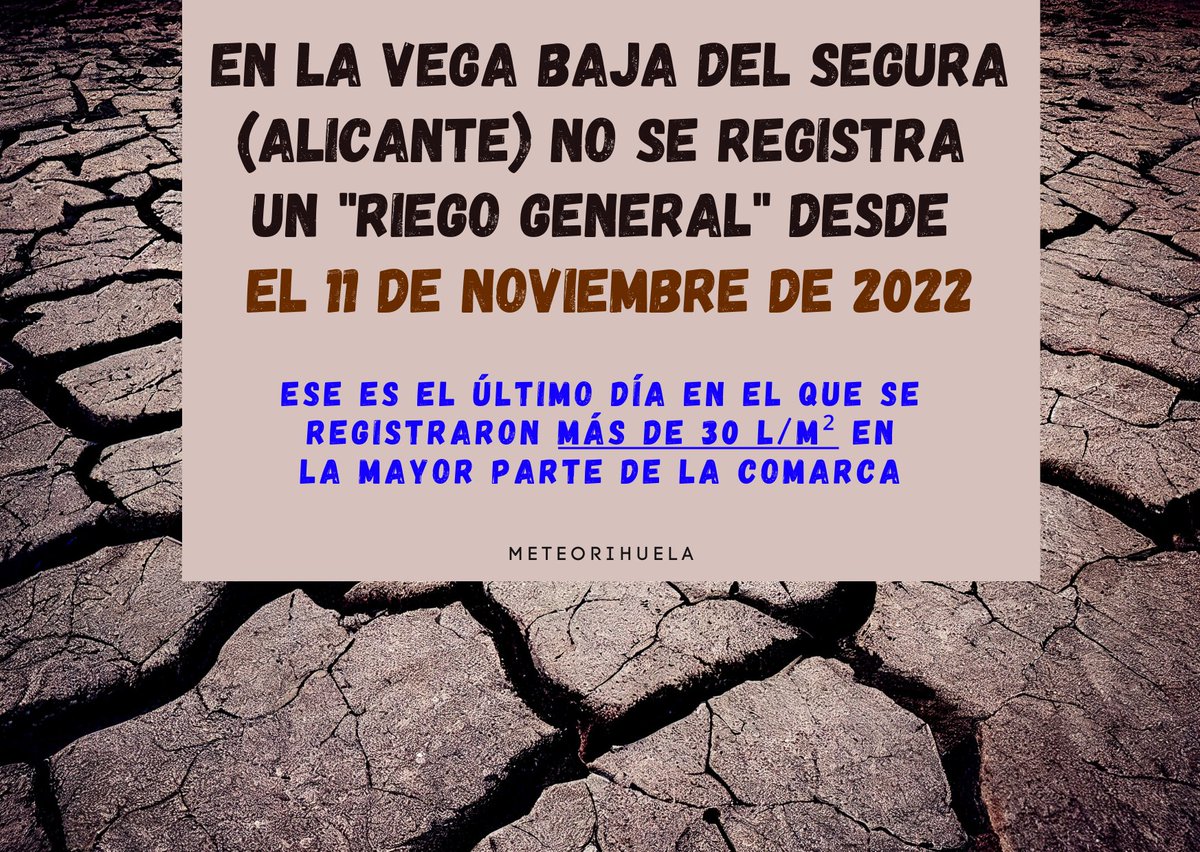 ¡Preocupa la ausencia de precipitaciones! En la #VegaBaja del Segura (#Alicante), no se registra un "riego general" desde el 11 de noviembre de 2022. Ese es el último día en el que se contabilizaron más de 30 litros por metro cuadrado en la mayor parte de la comarca.