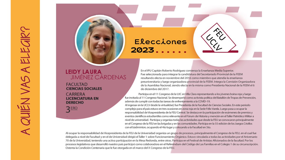 FEU_UCLV's tweet photo. Continuamos con la divulgación de las autobiografías 📄 de nuestros candidatos al secretariado central de la #FEU. 🗳

Aquí están los representantes de @HumanidadesUCLV, @SocialesUCLV y @UclvFacultad. 👇

#EleccionesFEU #SomosFEU https://t.co/Lj4c16yVp4