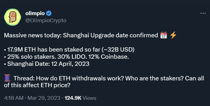 duonine's tweet photo. If you're planning to buy #Ethereum, I suggest you wait until after 12 April. 👇

With $32 billion in #ETH about to become liquid, I'd be surprised if no one sells. 

Even if 5% to 10% of stakers decide to liquidate, that is billions in sell pressure. May provide a good entry. https://t.co/BYwADIotQH