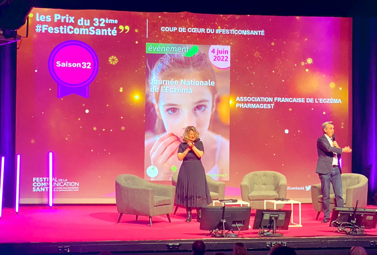 #Festicomsanté 

🏆 notre coup de coeur 💖 cette année au <a href="/FestiComSante/">Festival de la Communication Santé</a> est attribué à <a href="/asso_eczema/">Asso de l'eczéma</a> &amp; <a href="/Pharmagest/">Pharmagest</a> 

#peau #dermatologie #patient #comsanté #hcsmeufr
