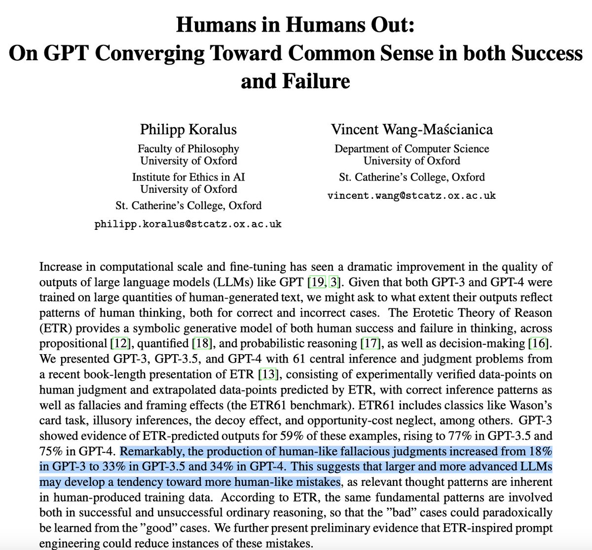 PhilippKoralus's tweet photo. With @vinnylarouge1 found human-like judgment mistakes to increase in GPT-4, even as it also got better at human-like correct judgments. Perhaps no surprise, since GPT is learning from human text. Humans in humans out? https://t.co/jtaiUGVNiq https://t.co/2URb8dNzhg