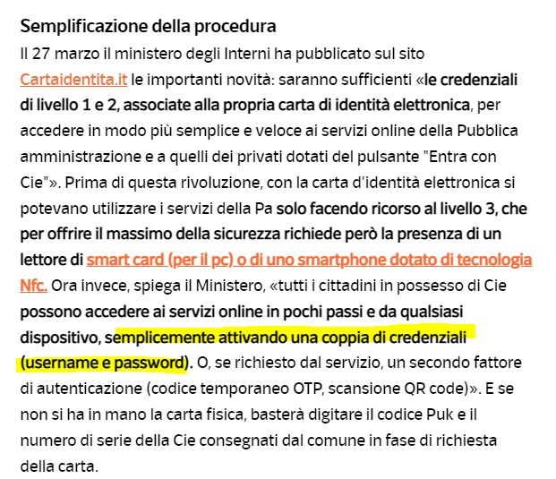 In pratica: parti dalla tua CiE, fai enrollment, a quel punto con semplici UID e password avrai un surrogato di #SPID, a portata di phishing.
O l'articolo è inaccurato, o sono completamente pazzi.
corriere.it/tecnologia/23_…