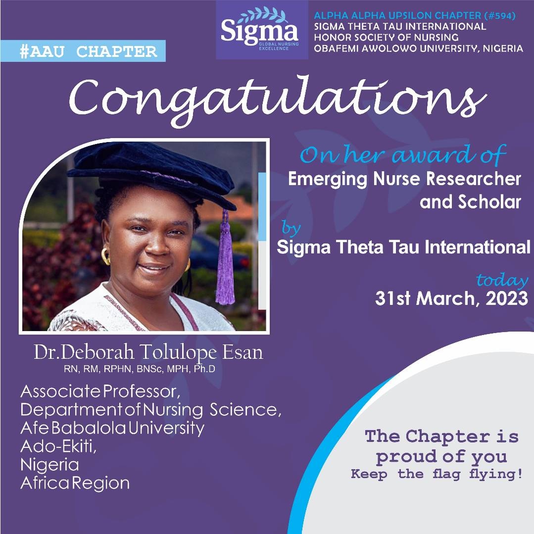 STTI_AAU's tweet photo. Congratulations!

Dr Deborah Tolulope Esan

On your award of Emerging Nurse Researcher

By Sigma Theta Tau International

The chapter is proud of you, Keep the flag flying https://t.co/8b9PCxsmsn