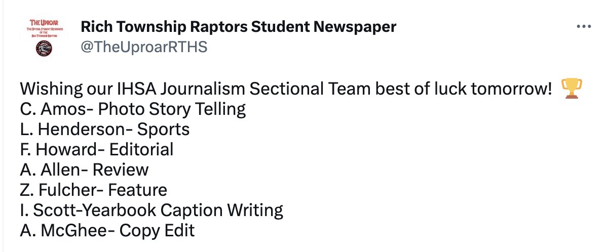 Rich Township Raptors Student Newspaper (@theuproarrths) on Twitter photo Let's GO! #richinstudentsuccess <a href="/RTHSActivities/">Raptor Activities and School Pride</a> <a href="/RichTownshipHS/">Rich Township HSD 227</a> <a href="/GochenourMrs/">MrsGochenour</a> <a href="/RichieTheRaptor/">Richie the Raptor</a> Let's GO! #richinstudentsuccess <a href="/RTHSActivities/">Raptor Activities and School Pride</a> <a href="/RichTownshipHS/">Rich Township HSD 227</a> <a href="/GochenourMrs/">MrsGochenour</a> <a href="/RichieTheRaptor/">Richie the Raptor</a>