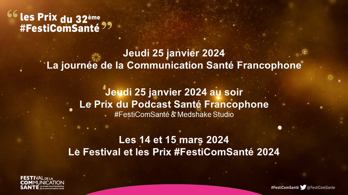 #festicomsanté Rendez-vous le 25 janvier 2024 pour la Journée de la Communication Santé Francophone avec le soir la remise de prix du prix podcast santé <a href="/medshakestudio/">MedShake Studio</a> X festicomsanté 

RDV les 14 et 15 mars 2024 à Deauville !

Merci à tous !