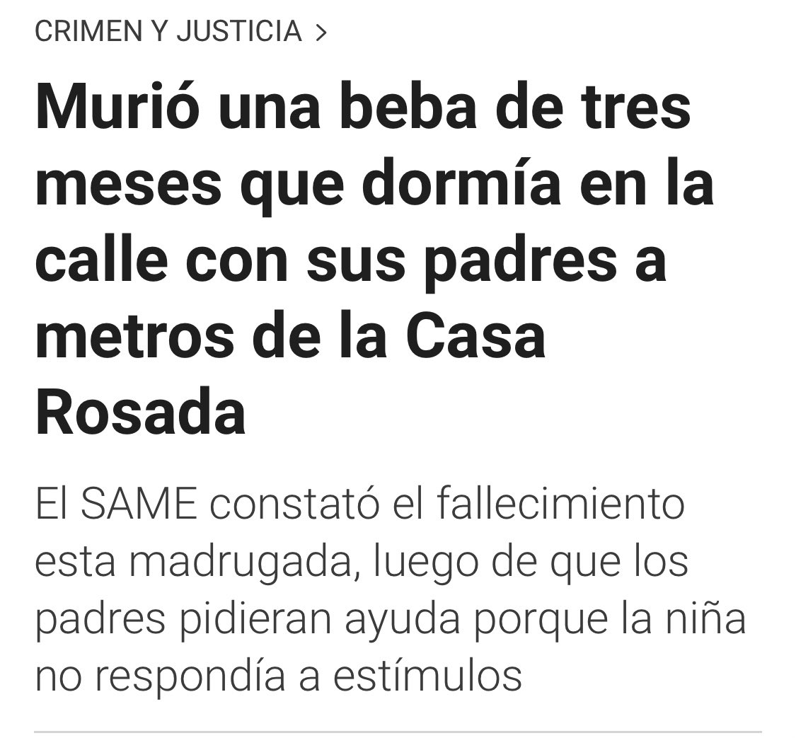 MicaDeJota's tweet photo. Murió una beba de 3 meses que dormía en la calle con sus padres a metros de la Casa Rosada
No hay llantos en la tele
No hay marchas feministas
No hay toneladas de piedras
Sólo hay dolor y una beba q murió víctima de la pobreza enfrente de la cara de todos https://t.co/HZZz7UHA9n